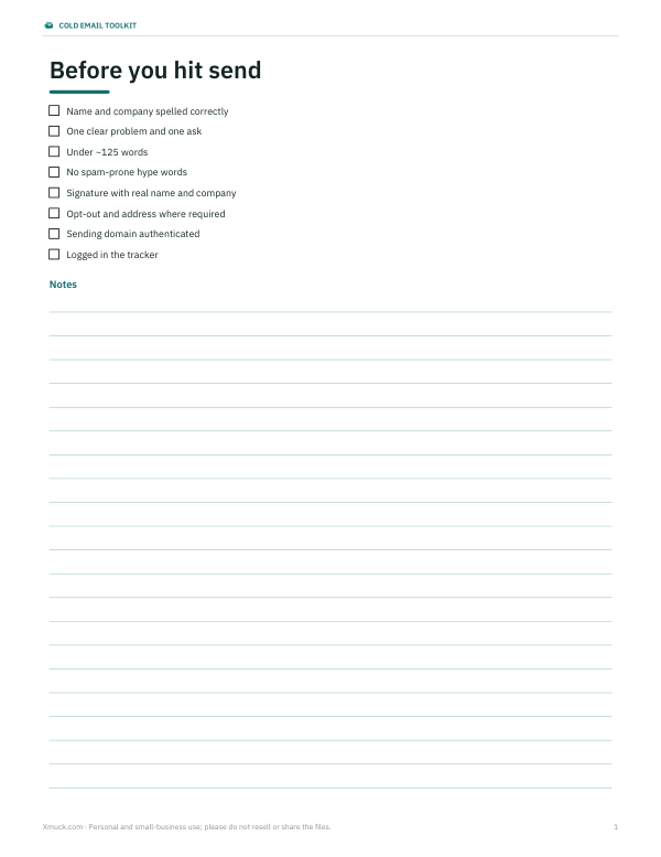 Preview of Printable Cold Email Pre-Send Checklist